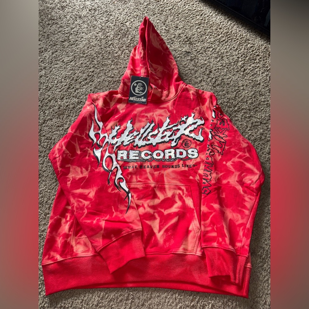 Red white graphic hellstar hoodie with back design